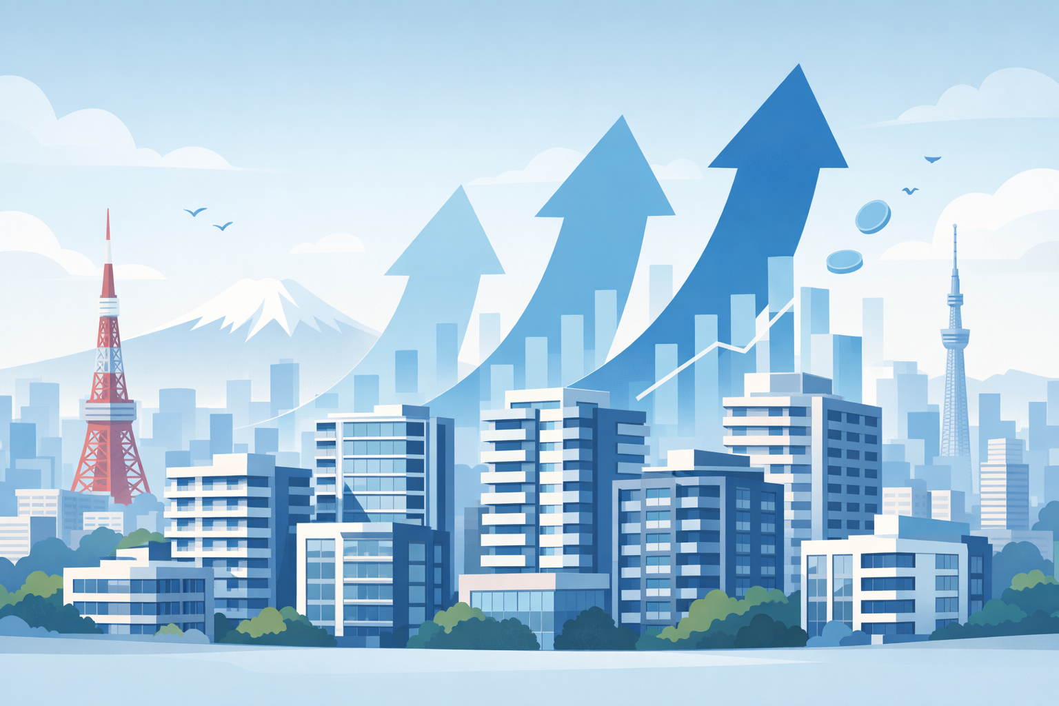 都心のマンション価格と住宅ローン金利をイメージしたイラスト