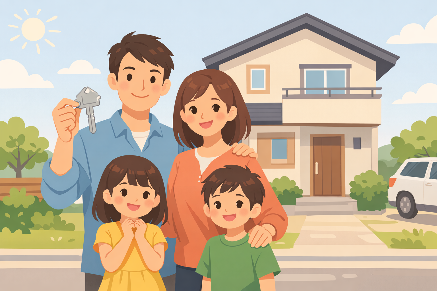 マイホームを購入した家族と住宅取得支援制度のイメージ