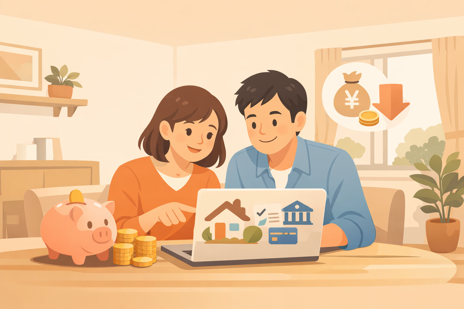 住宅ローンの審査申し込みと初期費用の節約をイメージしたイラスト