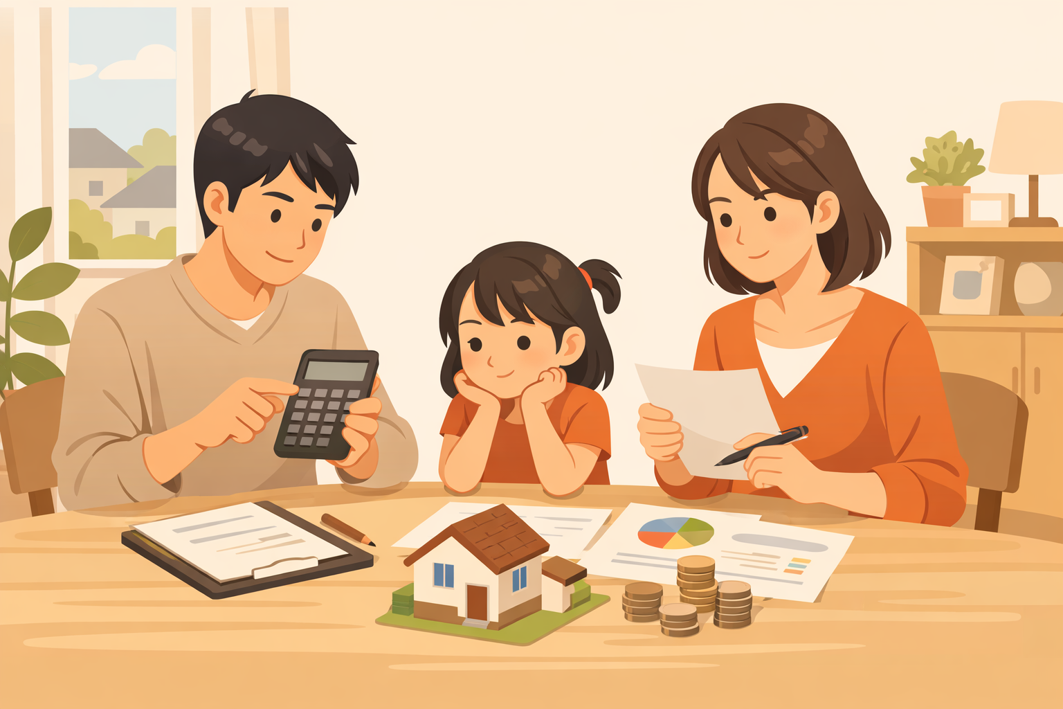 年収と住宅ローンの返済負担率を計算する家庭のイメージ