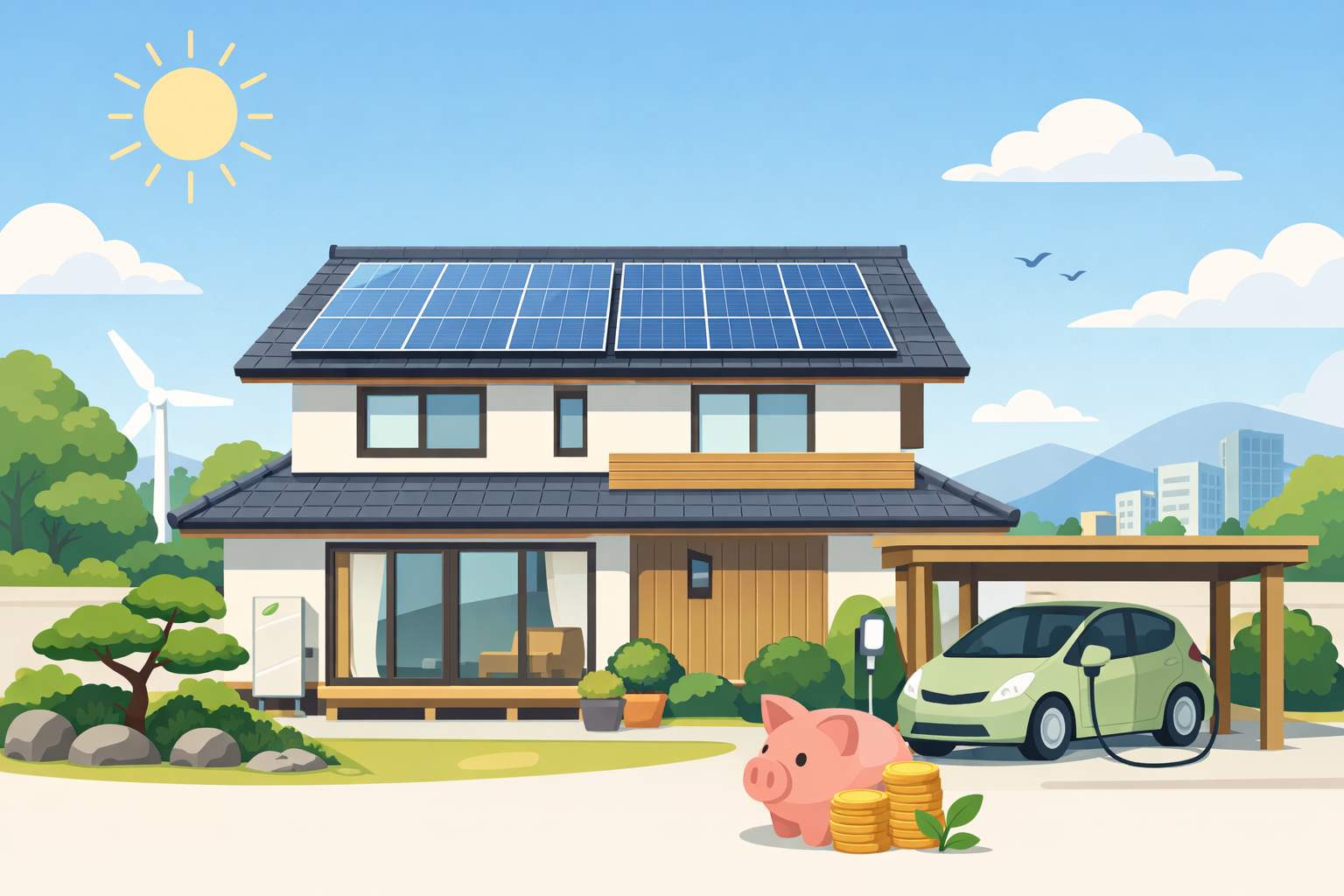 屋根に太陽光発電パネルを設置したエコ住宅のイメージ