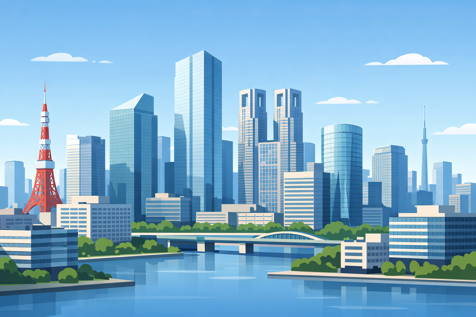 東京の商業ビル街をイメージした横長イラスト