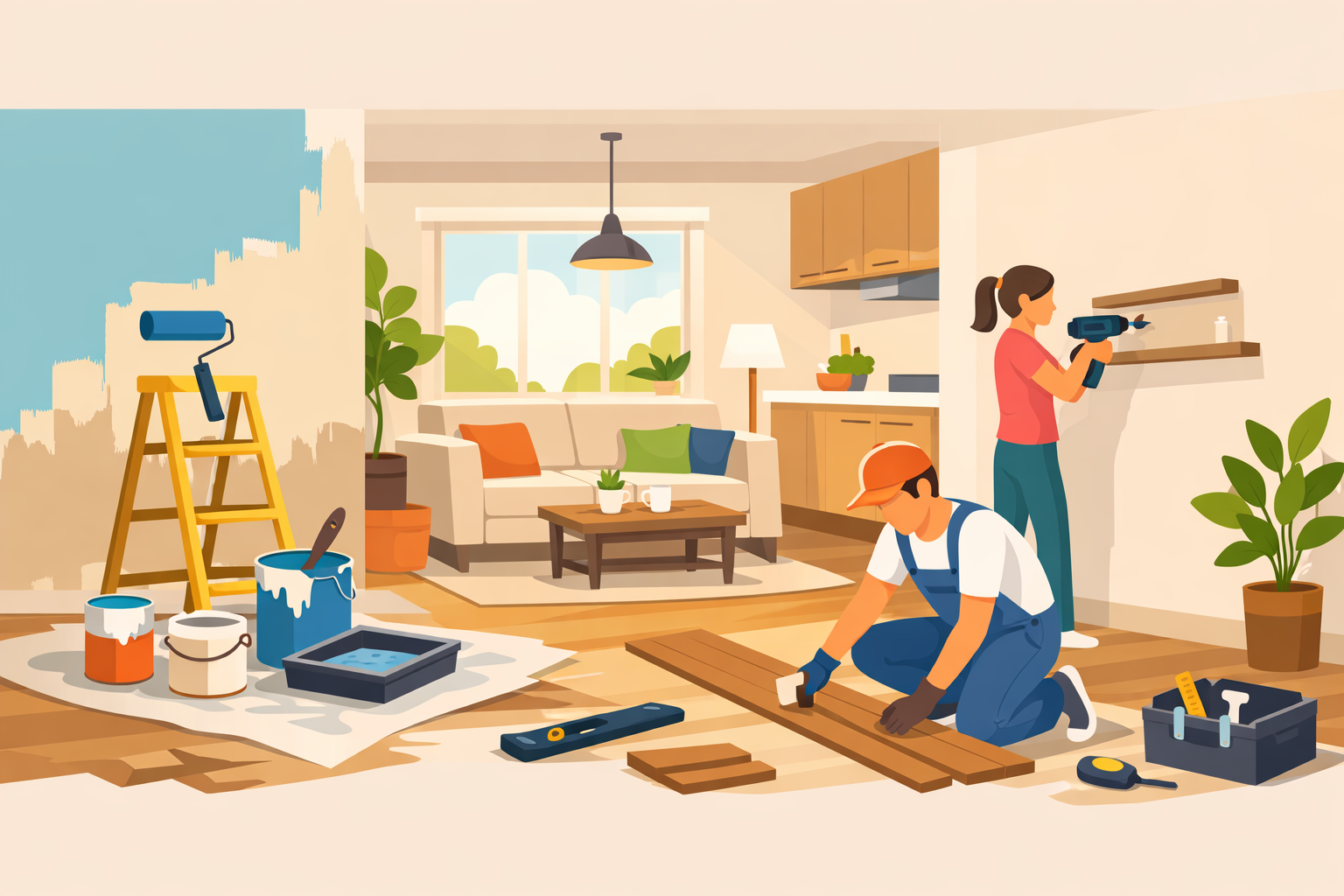 住宅リフォームをイメージした明るい横長イラスト