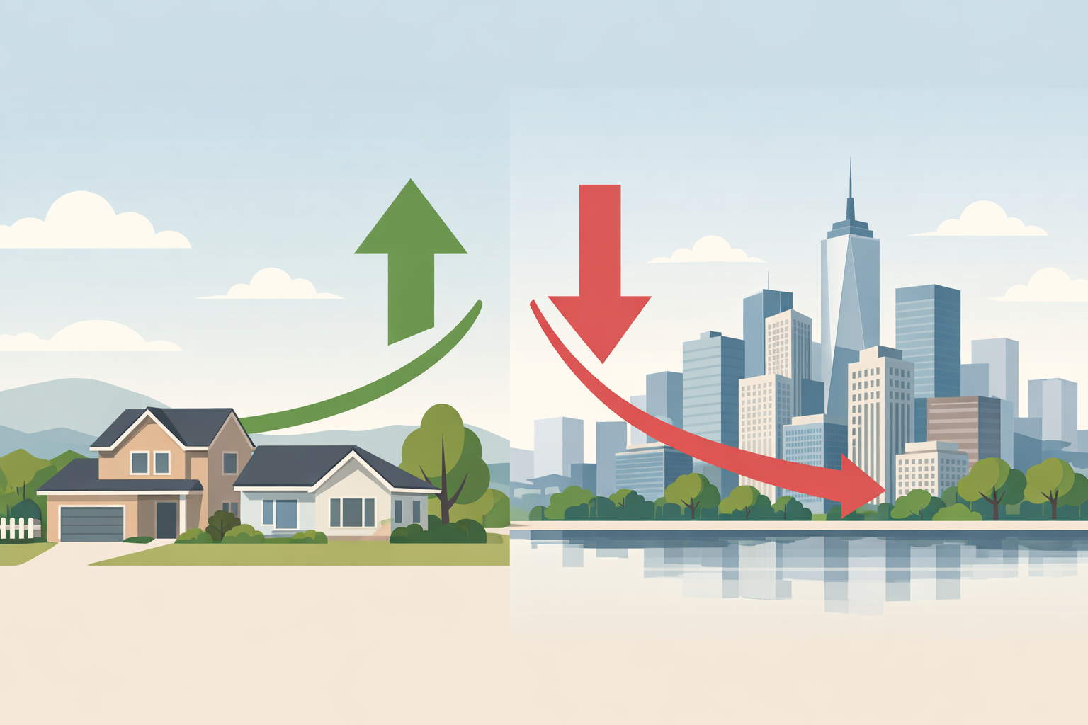 都市部の商業地と郊外の住宅地の地価動向をイメージしたイラスト