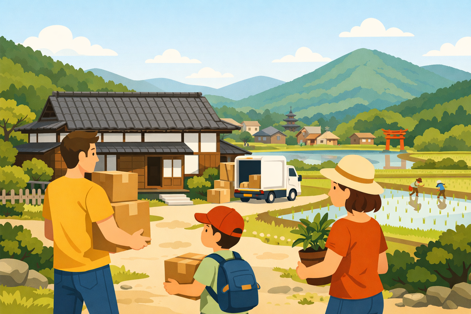 地方移住とマイホーム購入をイメージした田舎の家と家族のイラスト
