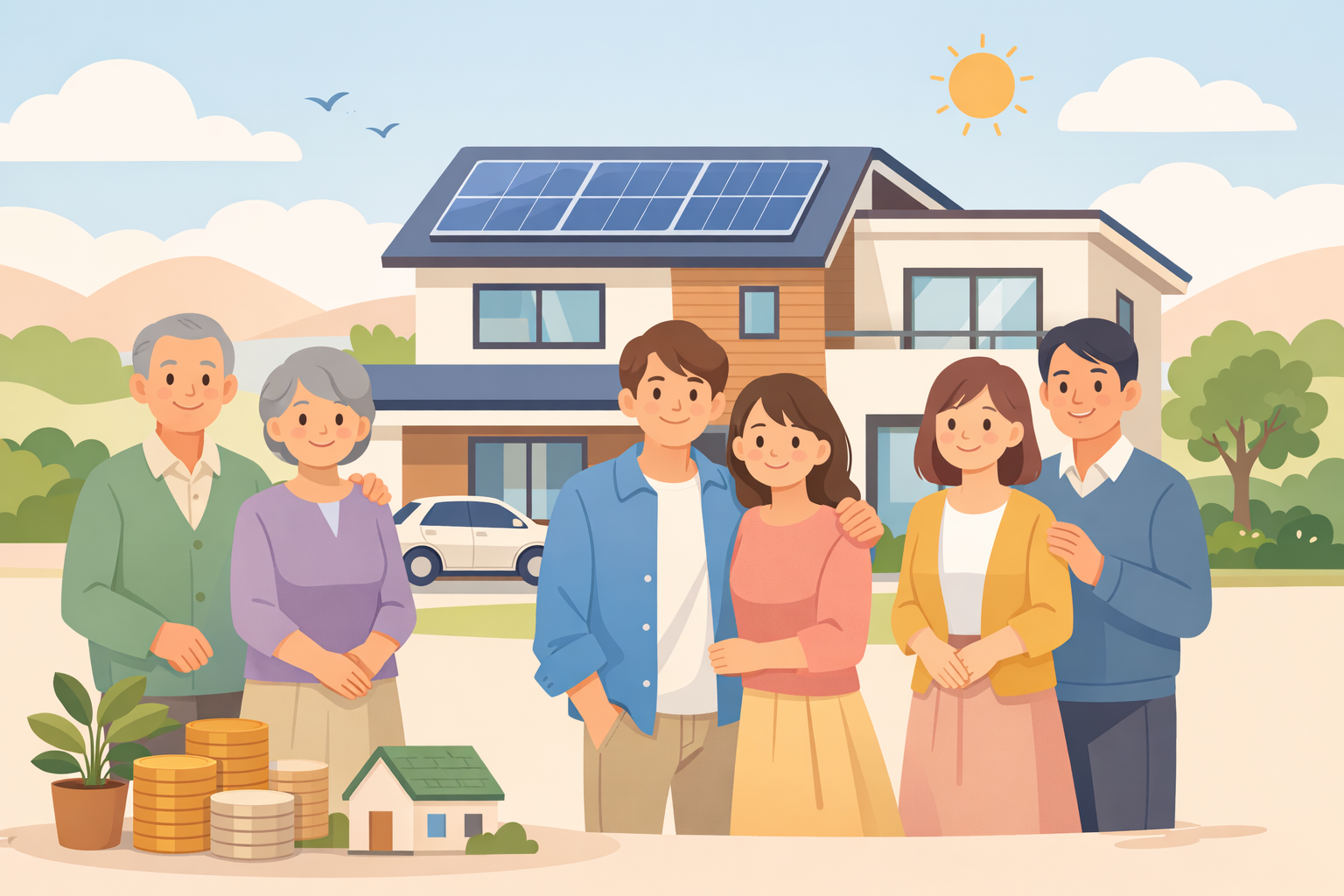 親や祖父母から住宅資金の援助を受けて家を購入するイメージ