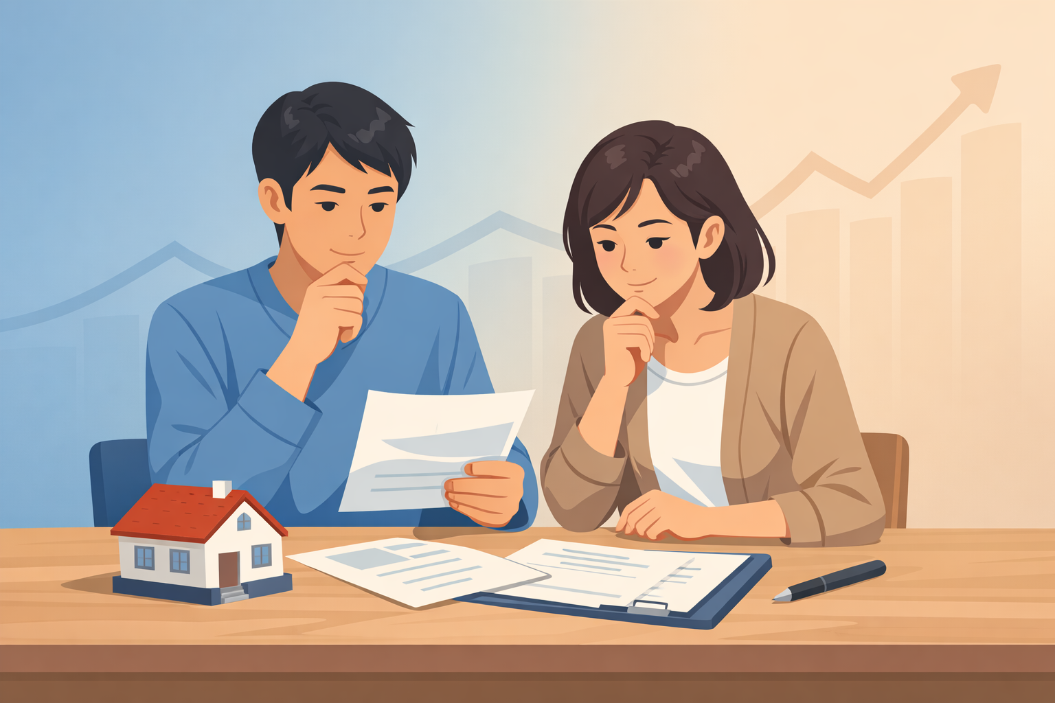 金利上昇局面で住宅ローンの借り換えを検討する夫婦のイメージ