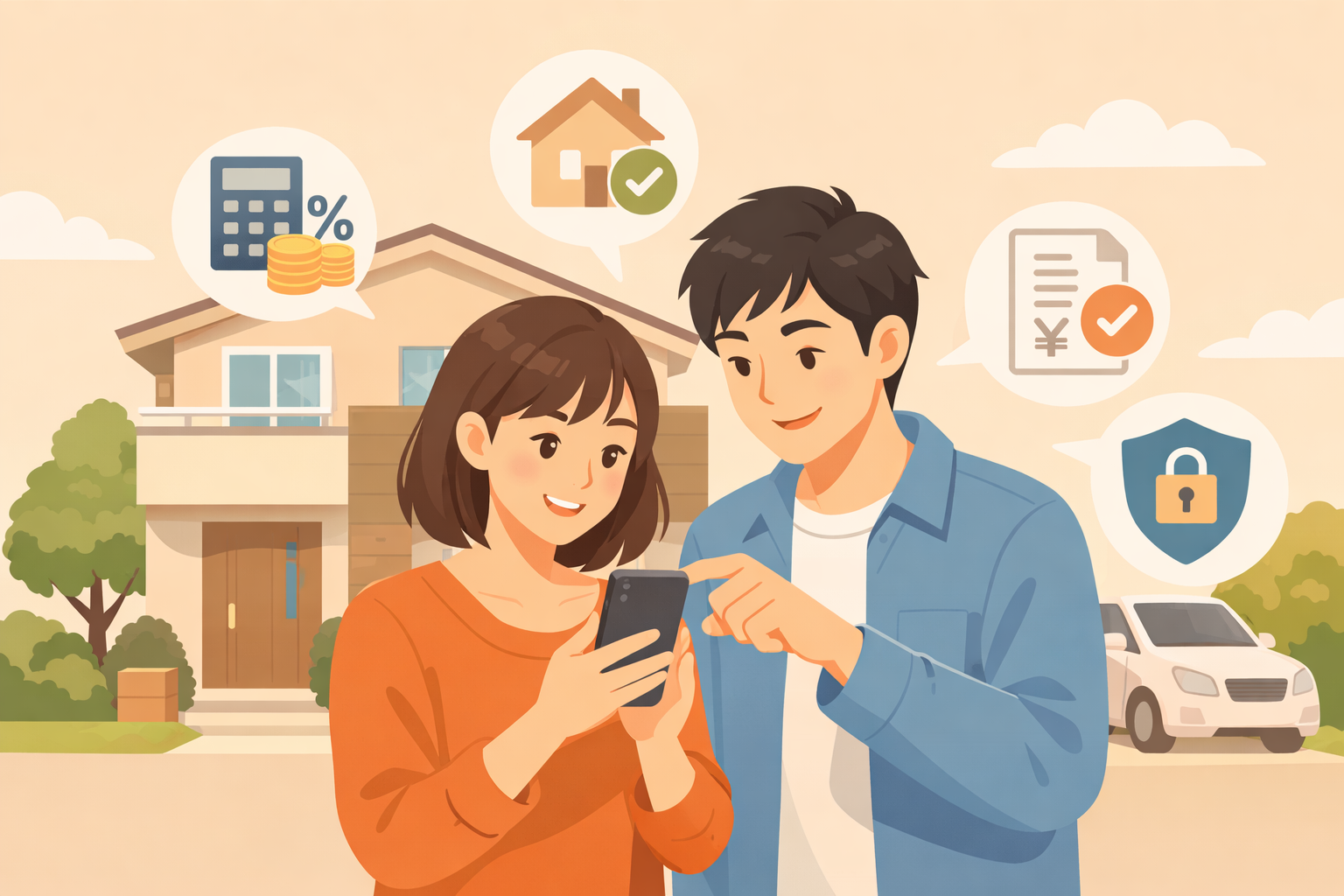 スマホで住宅ローンの手続きをする夫婦と新しい住まいのイメージ