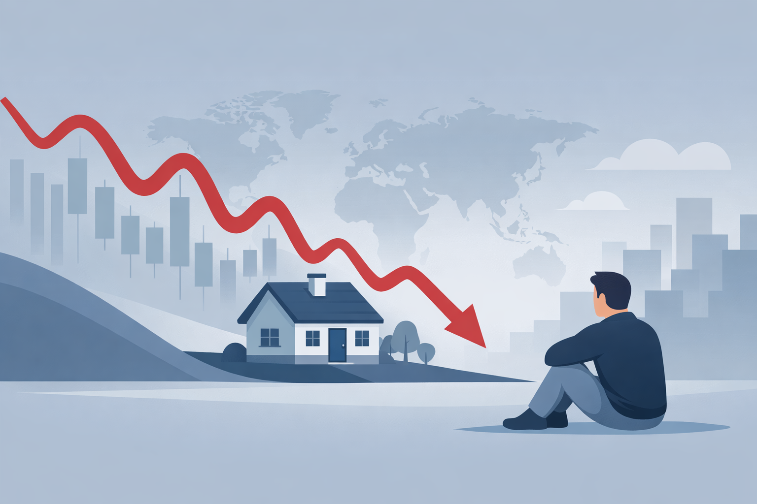 世界的な株価急落と住宅ローン金利・不動産価格への影響のイメージ