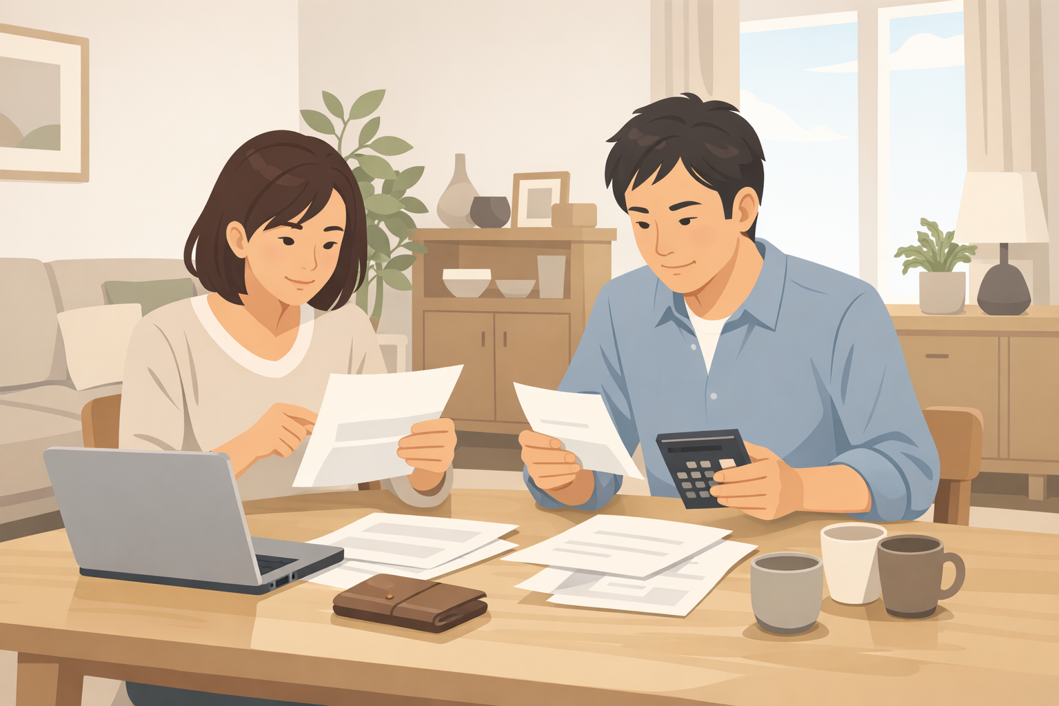 住宅ローンの返済計画を確認する30代・40代の夫婦のイメージ