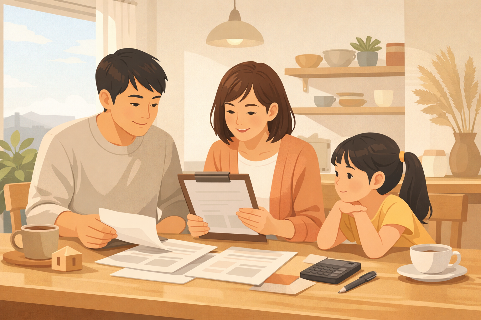 住宅ローンの保障内容を家族で確認するイメージ