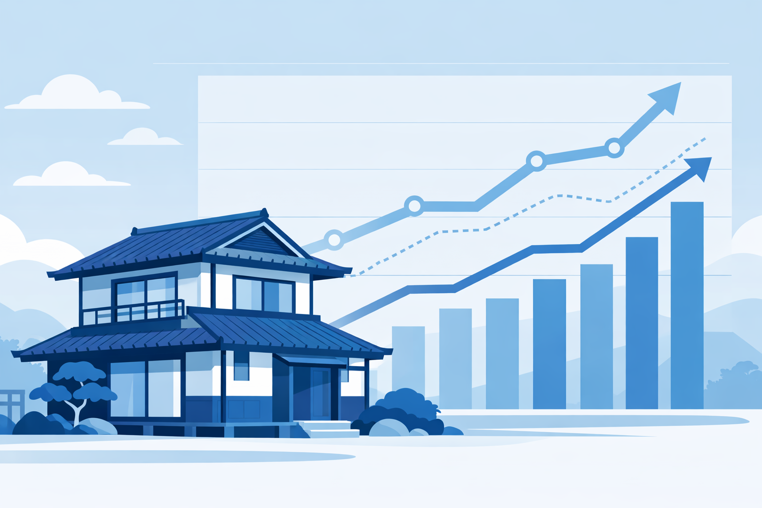 住宅と上昇する金利グラフをイメージしたイラスト