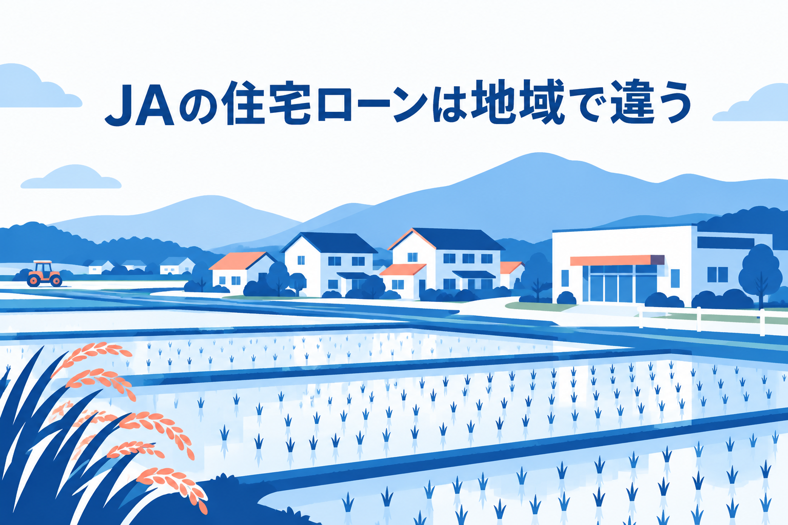 田園地帯の住宅地と地域の協同組合をイメージしたイラスト