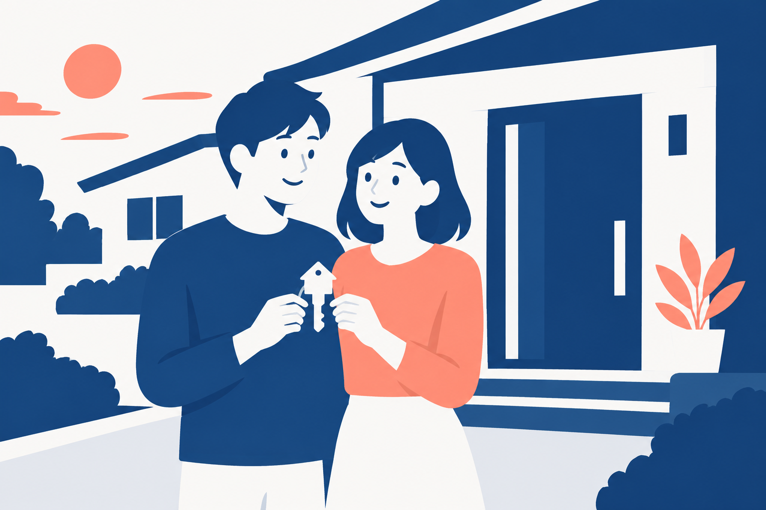 新居の前で一緒に鍵を持つ夫婦のイメージ